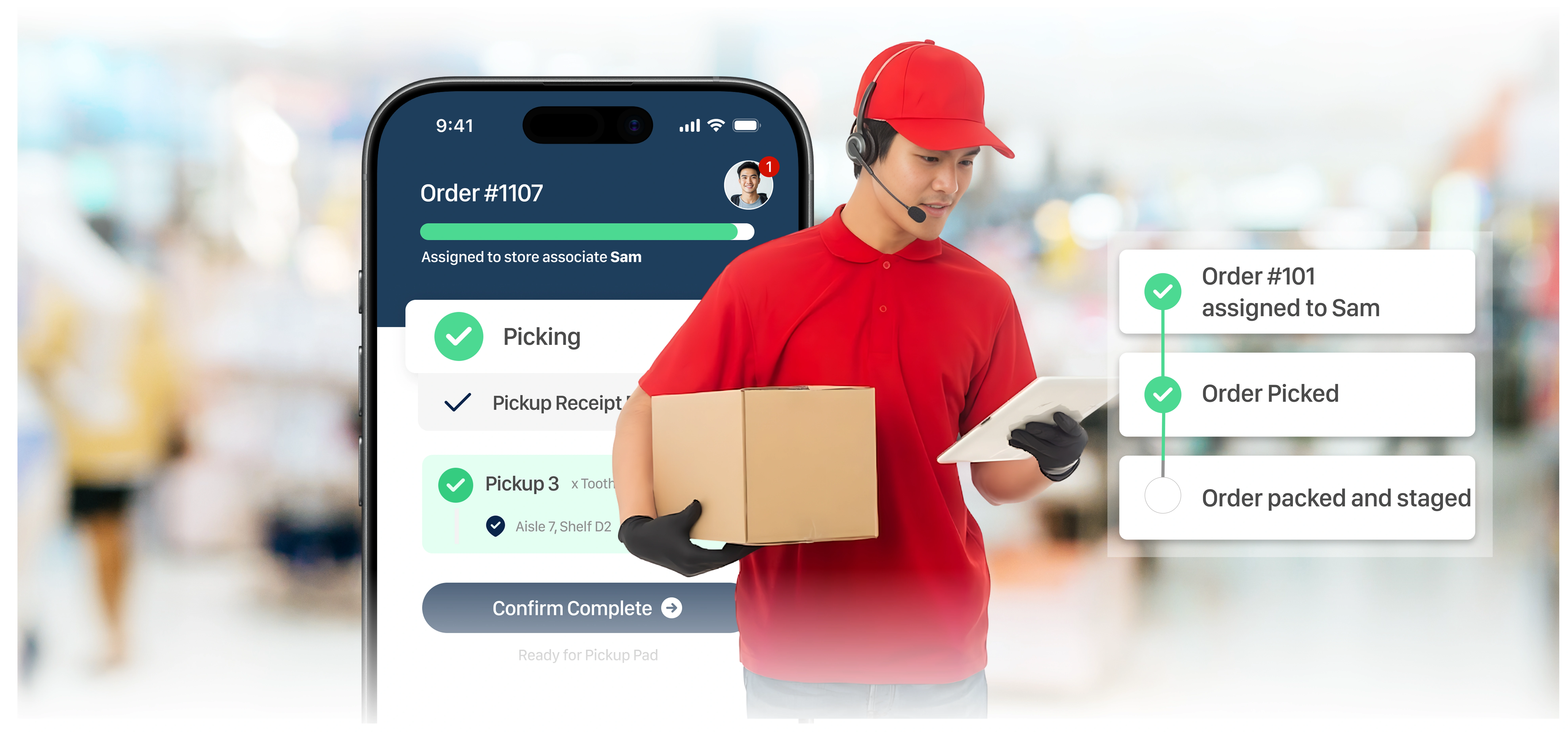 A delivery worker in a red uniform holds a package and tablet, standing beside a smartphone screen displaying an order tracking app interface.
