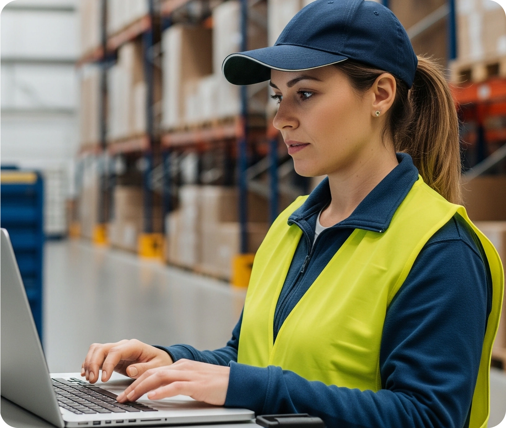 Woman in a blue cap and yellow safety vest works on a laptop in a warehouse, with shelves of boxes in the background conveying focus and professionalism.
