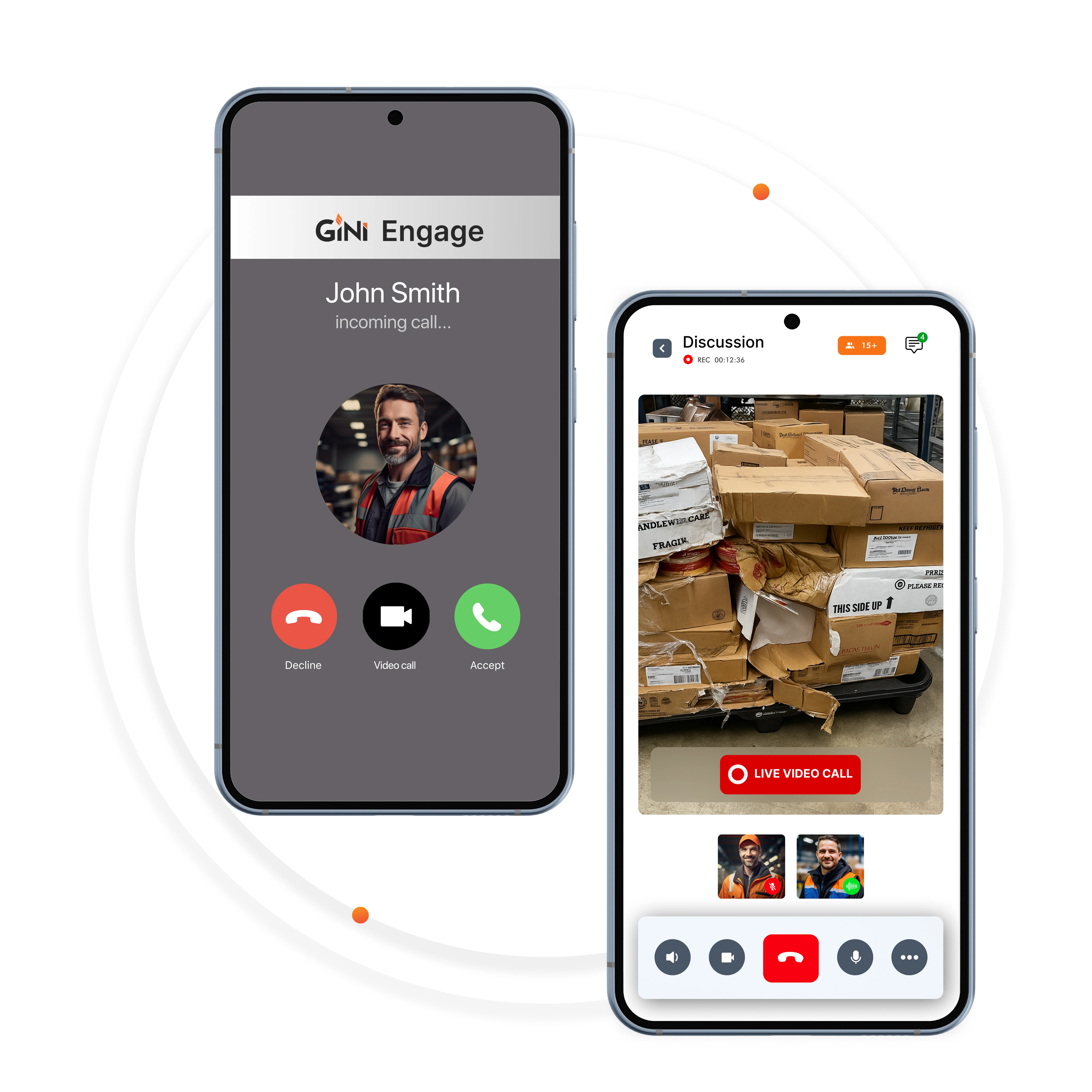 Two smartphones side by side, one showing an incoming call screen in the GiNi Engage app with options to decline, video call, or accept, and the other displaying a live video call of stacked boxes with call controls.