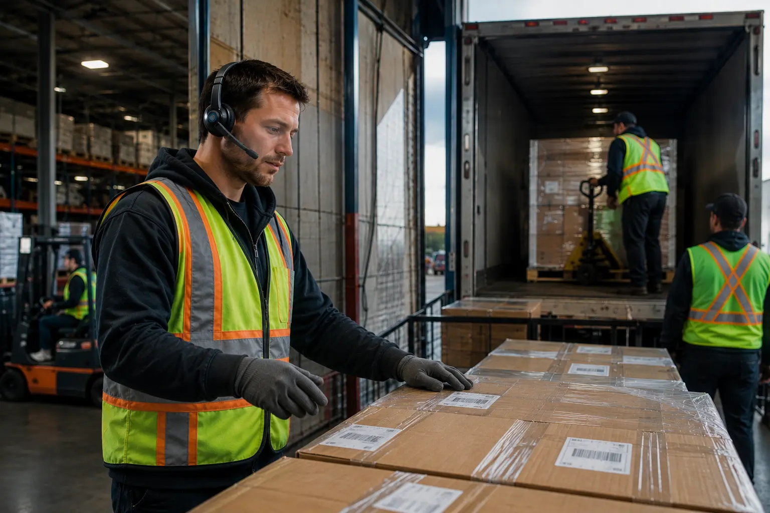 Workers in a warehouse wearing yellow safety vests and headsets sort packages into blue and red bins, with tall shelves filled with boxes lining the aisle.