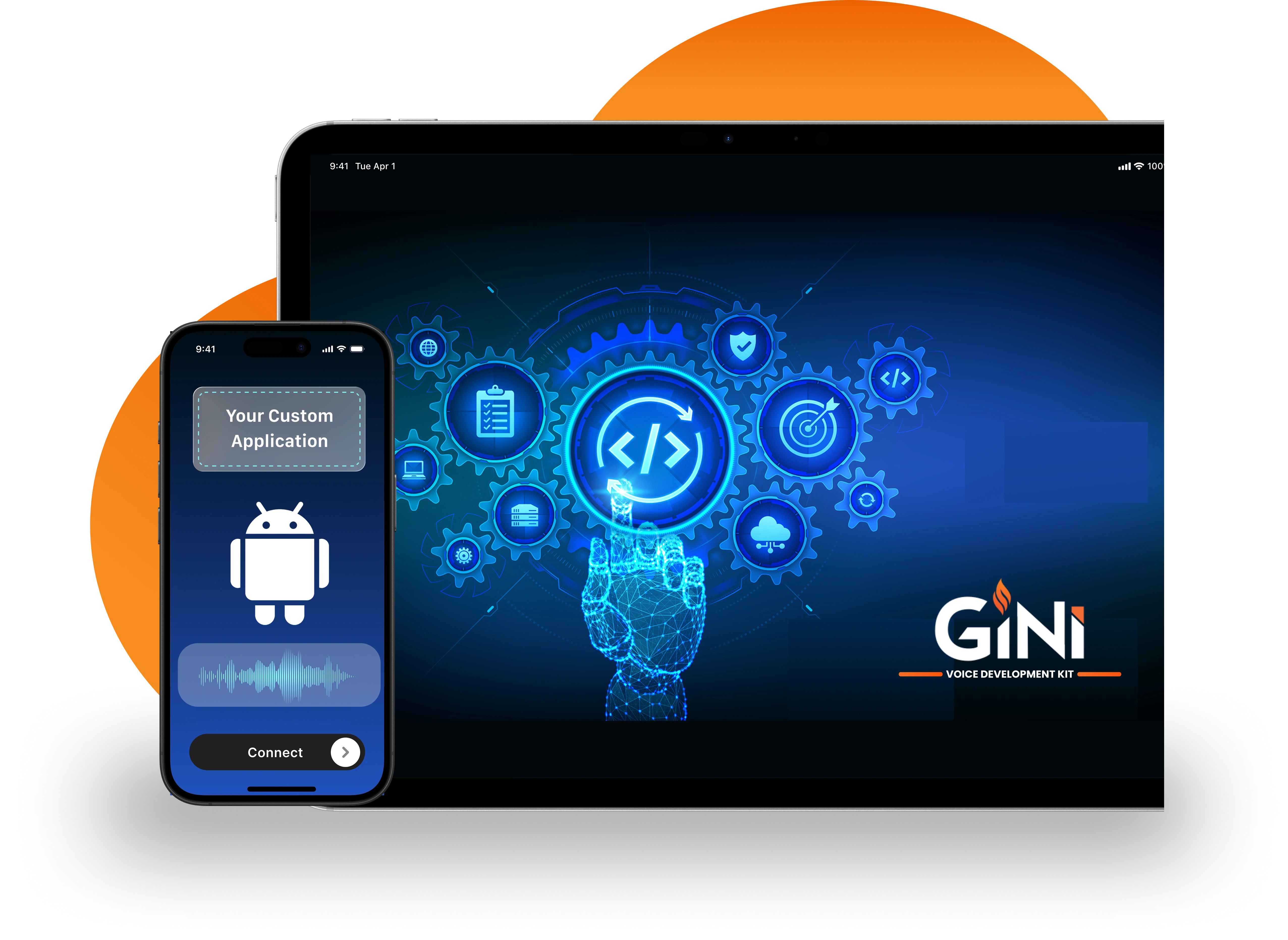 Digital illustration of a tablet and smartphone. The tablet shows a glowing tech interface with gears, a code icon, and the GiNi logo with Voice Development Kit branding. The smartphone displays an app interface with the Android logo.