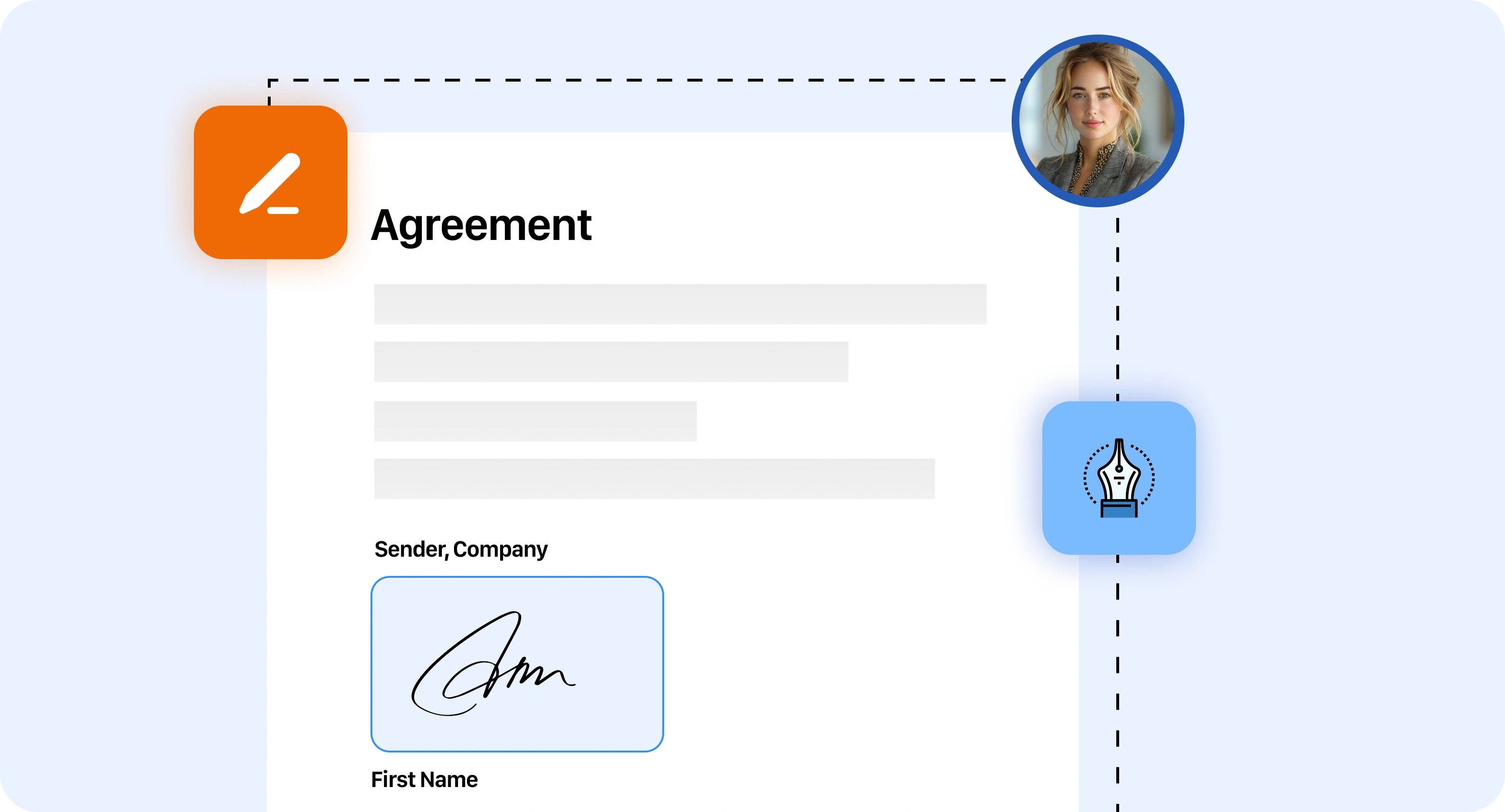 A digital agreement with a signature, surrounded by icons of a pen and handshake. A circular image of a person is connected to the document, suggesting collaboration.