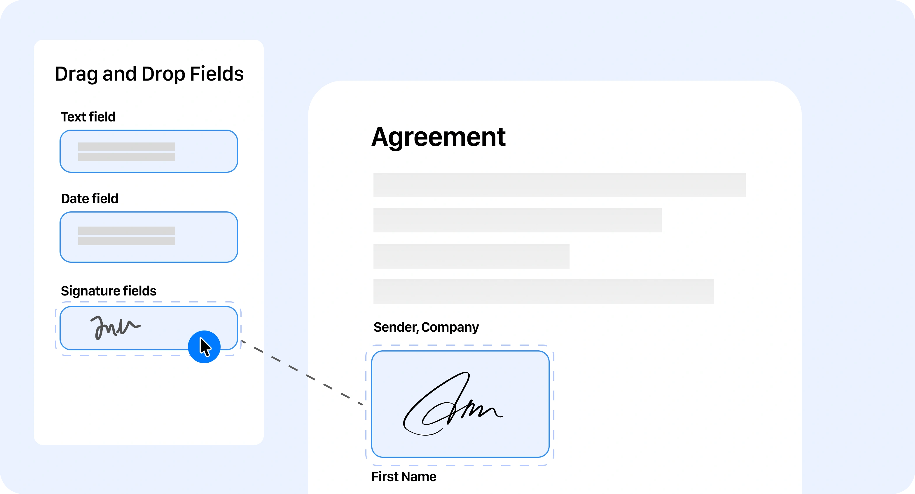 The image shows a digital interface for electronically signing a document. A Signature Fields box is dragged onto an Agreement to add a signature.