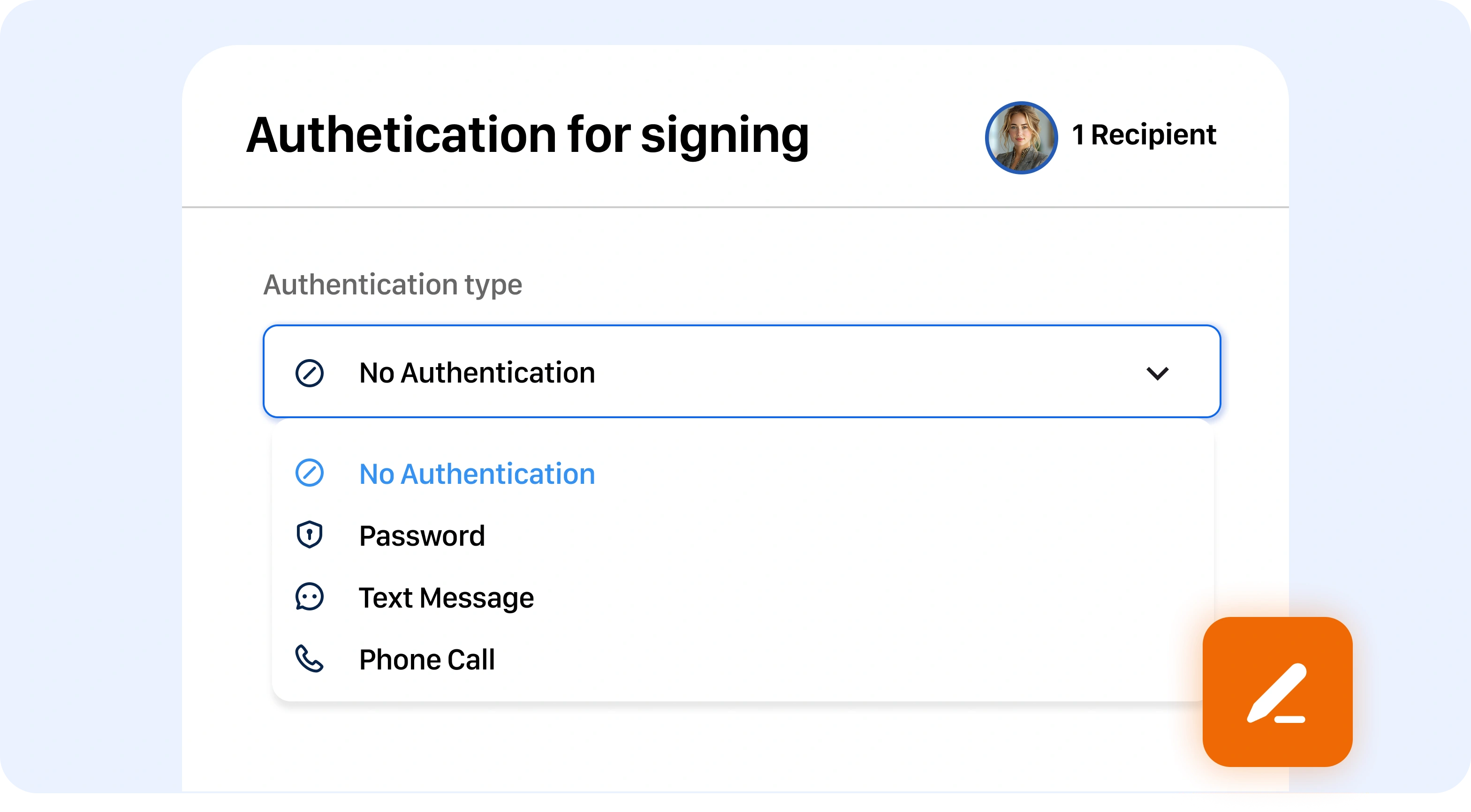 Screen displays authentication options for signing, including No Authentication, Password, Text Message, and Phone Call, with an orange icon visible.