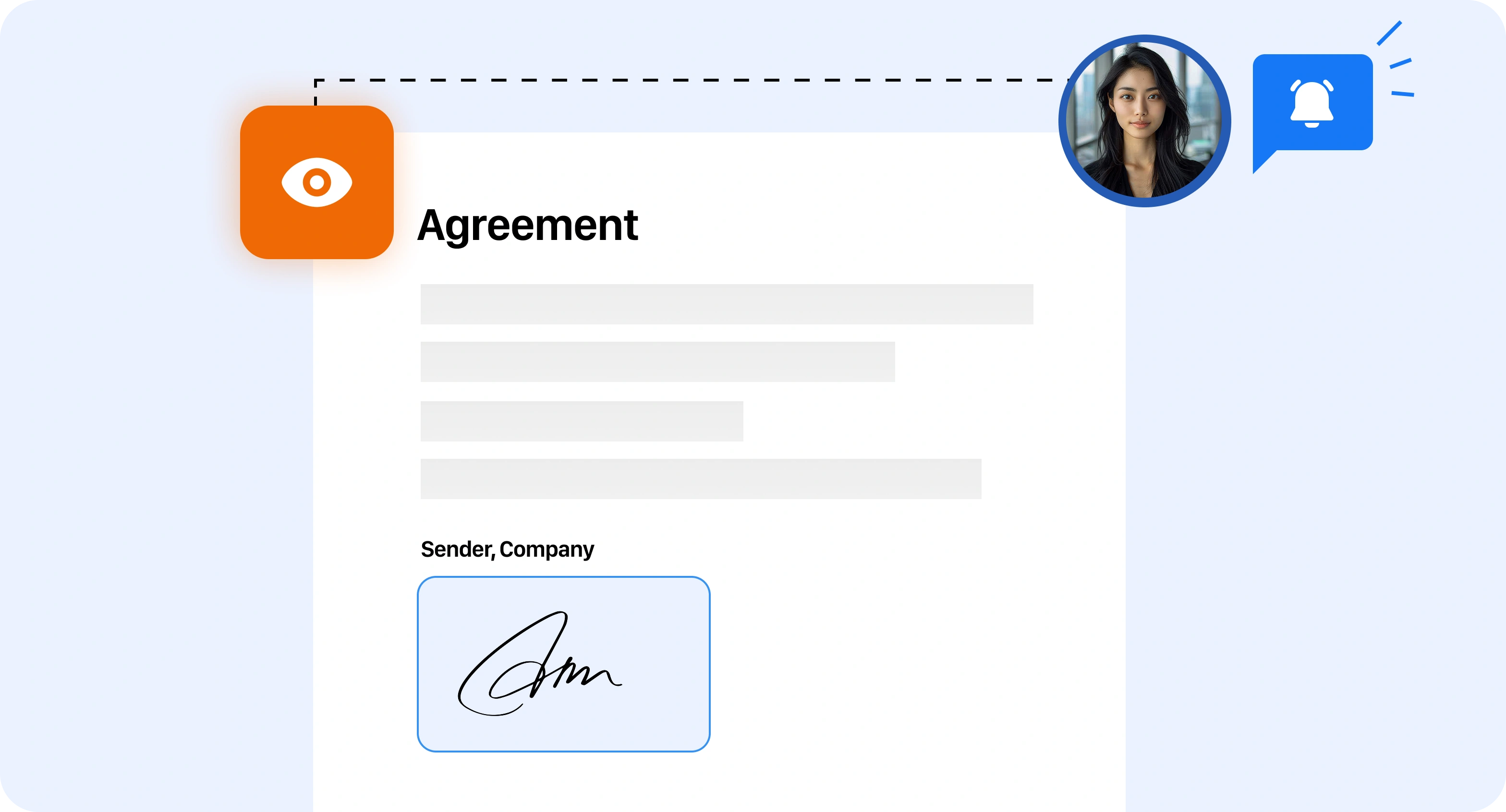 Digital document labeled “Agreement” with blurred text, a signature section, and an orange eye icon connected to a profile image with a notification, representing viewing and signing activity.