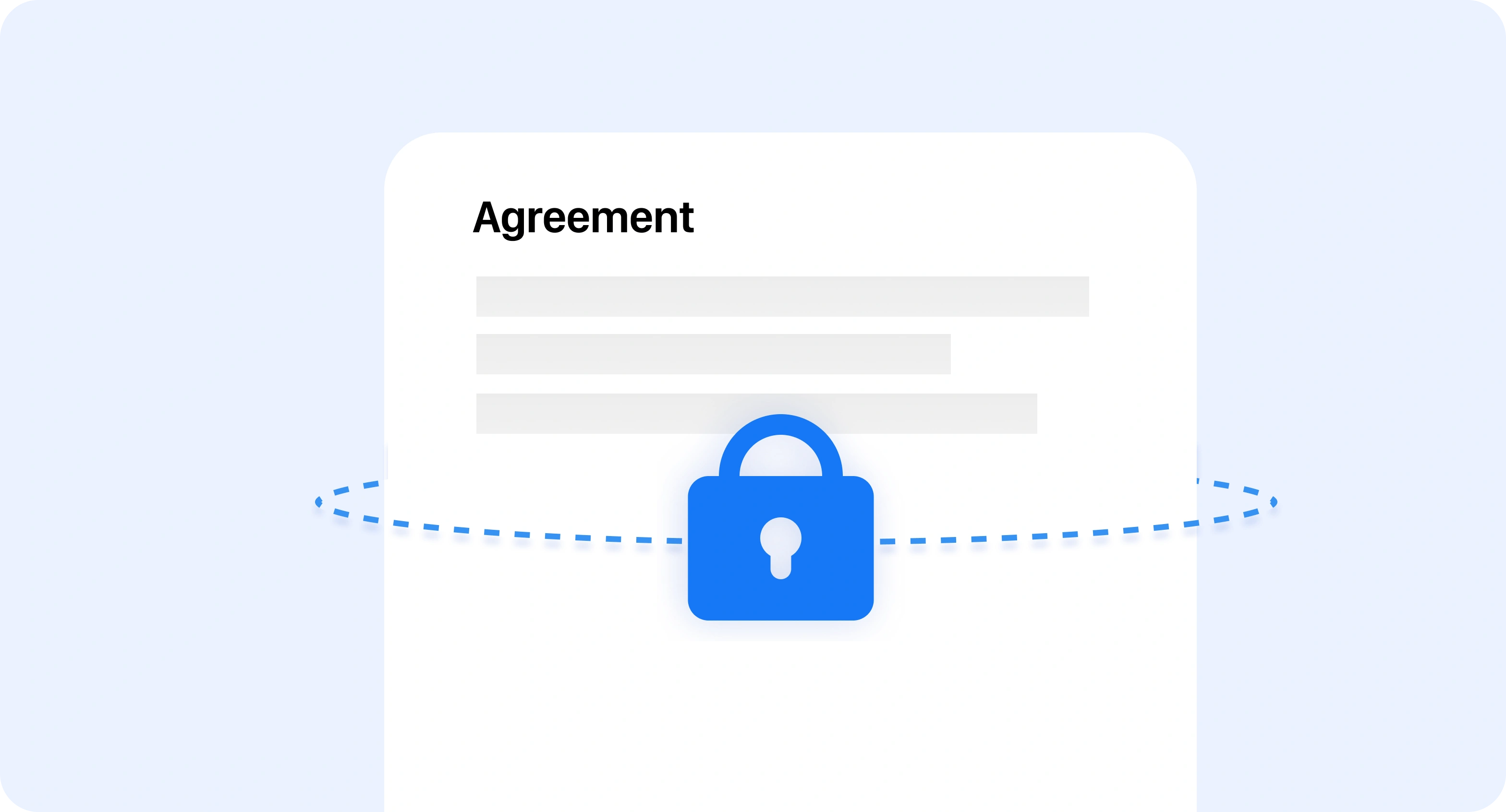 Document titled “Agreement” partially obscured by a blue padlock icon, surrounded by a dotted circle to symbolize security and confidentiality.