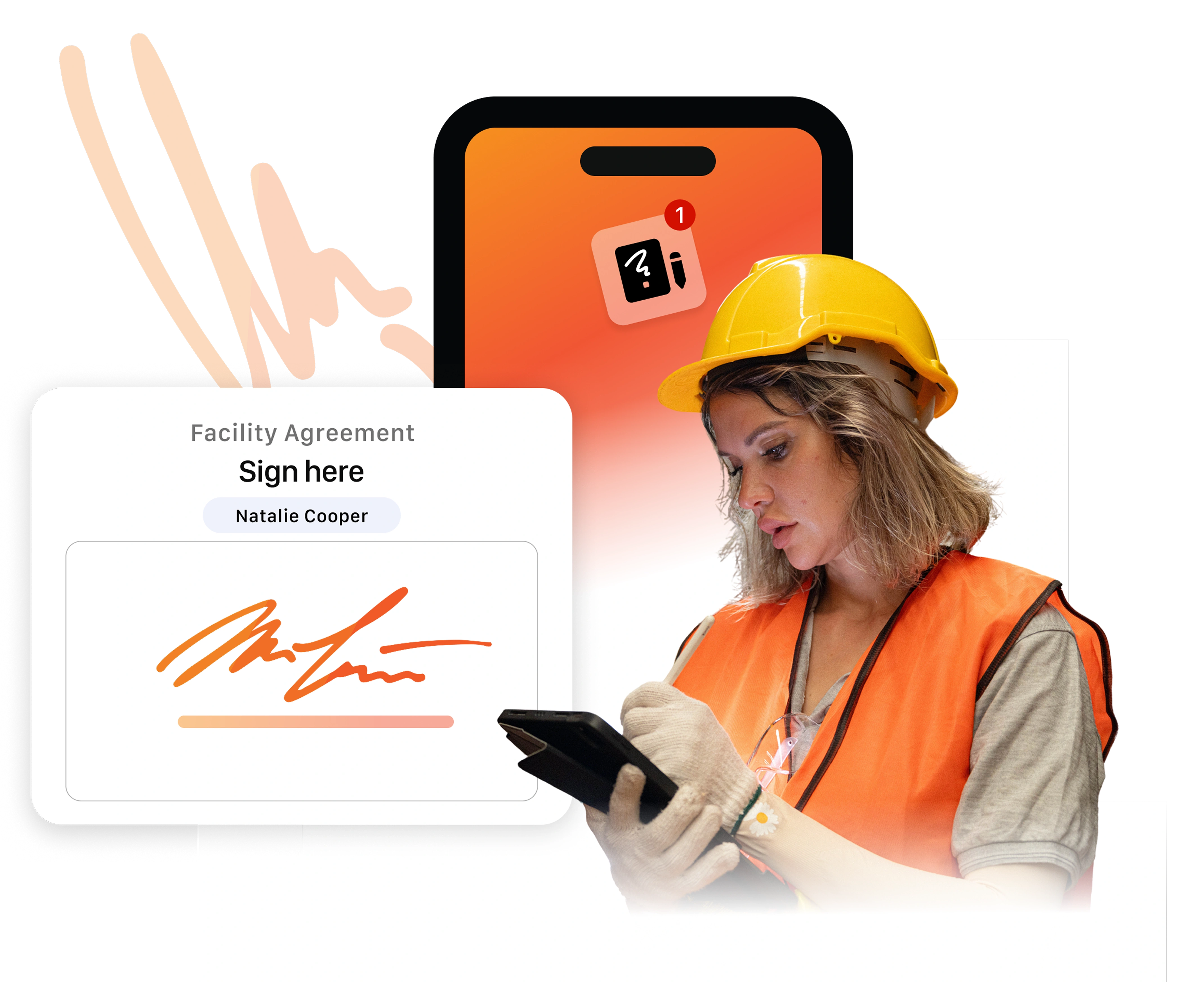 A construction worker in an orange vest and hard hat uses a tablet. Behind her, a digital agreement is signed onscreen. The tone is modern and efficient.