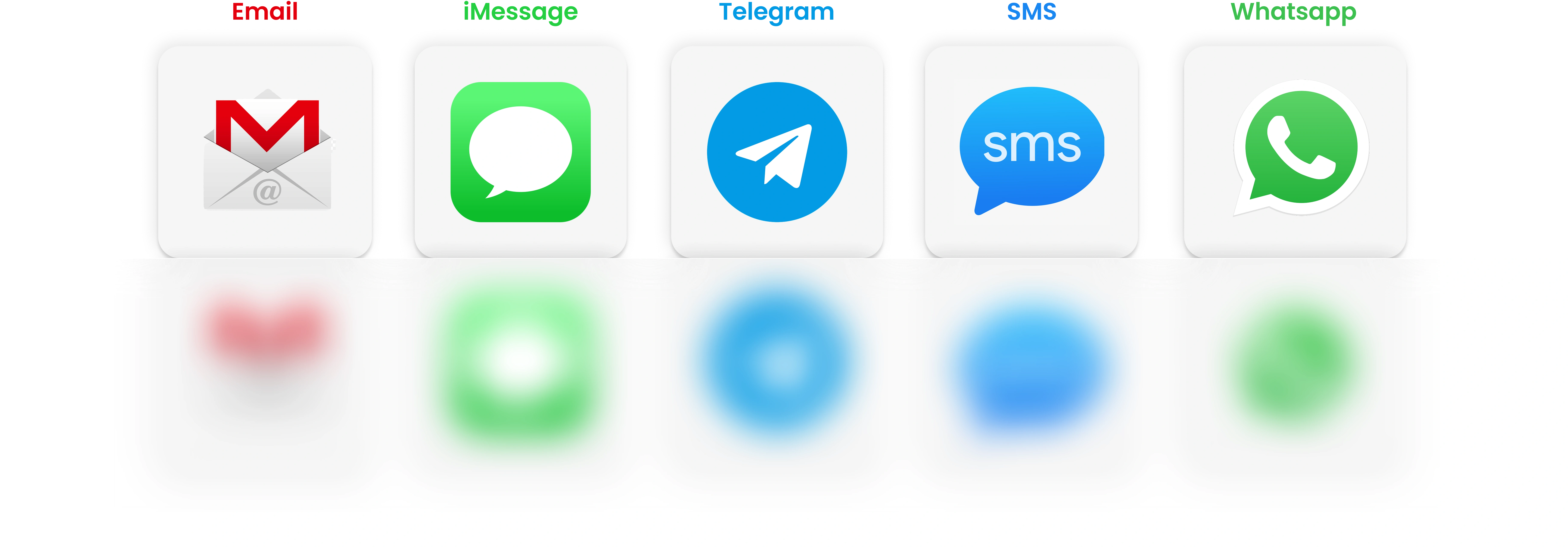 Icons of Gmail, iMessage, Telegram, SMS, and WhatsApp are displayed in white squares with reflective effects beneath each.