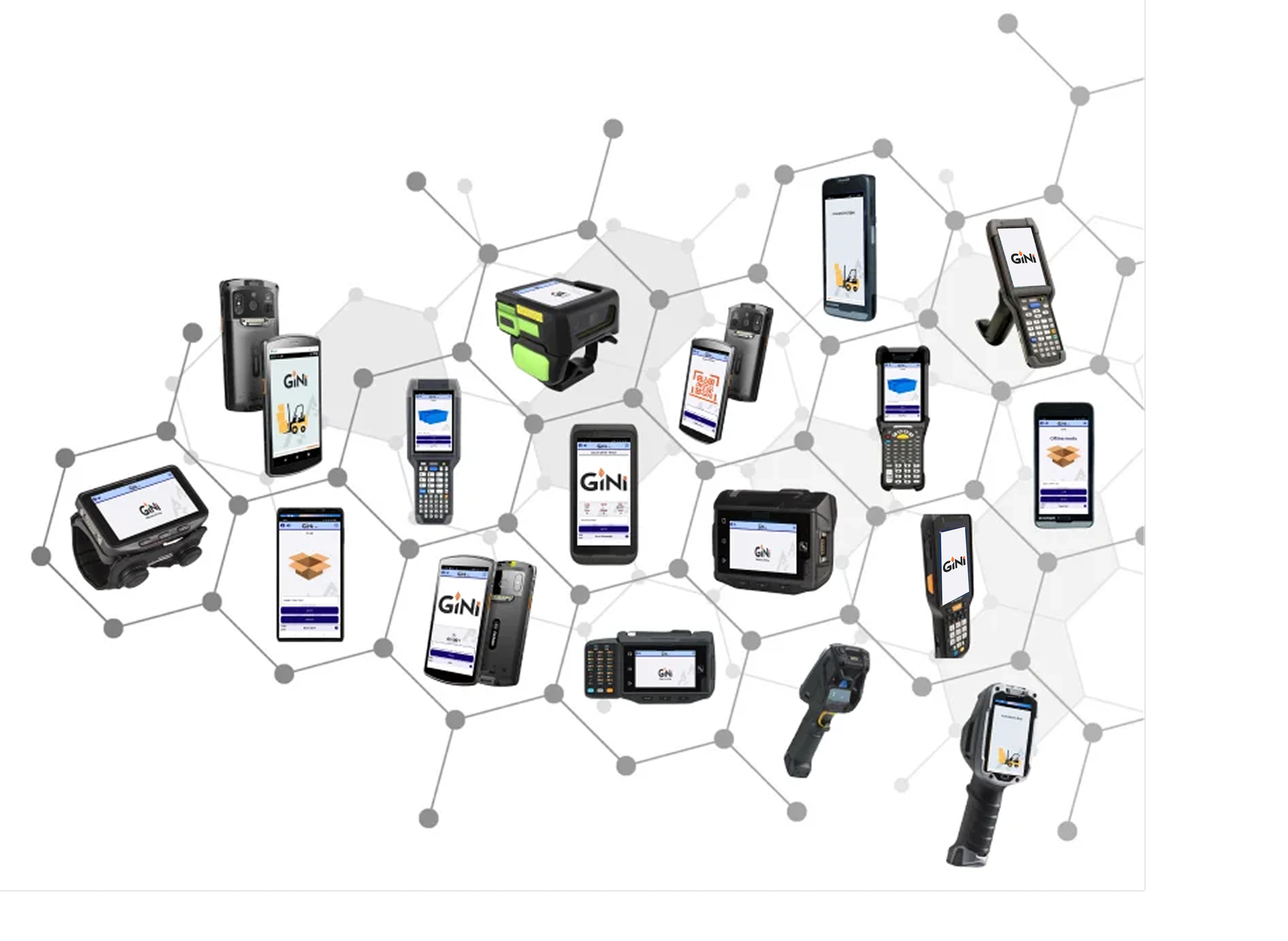 A collage of various handheld devices with screens displaying the Gini app, set against a background of interconnected dots and lines, conveying connectivity and technology.