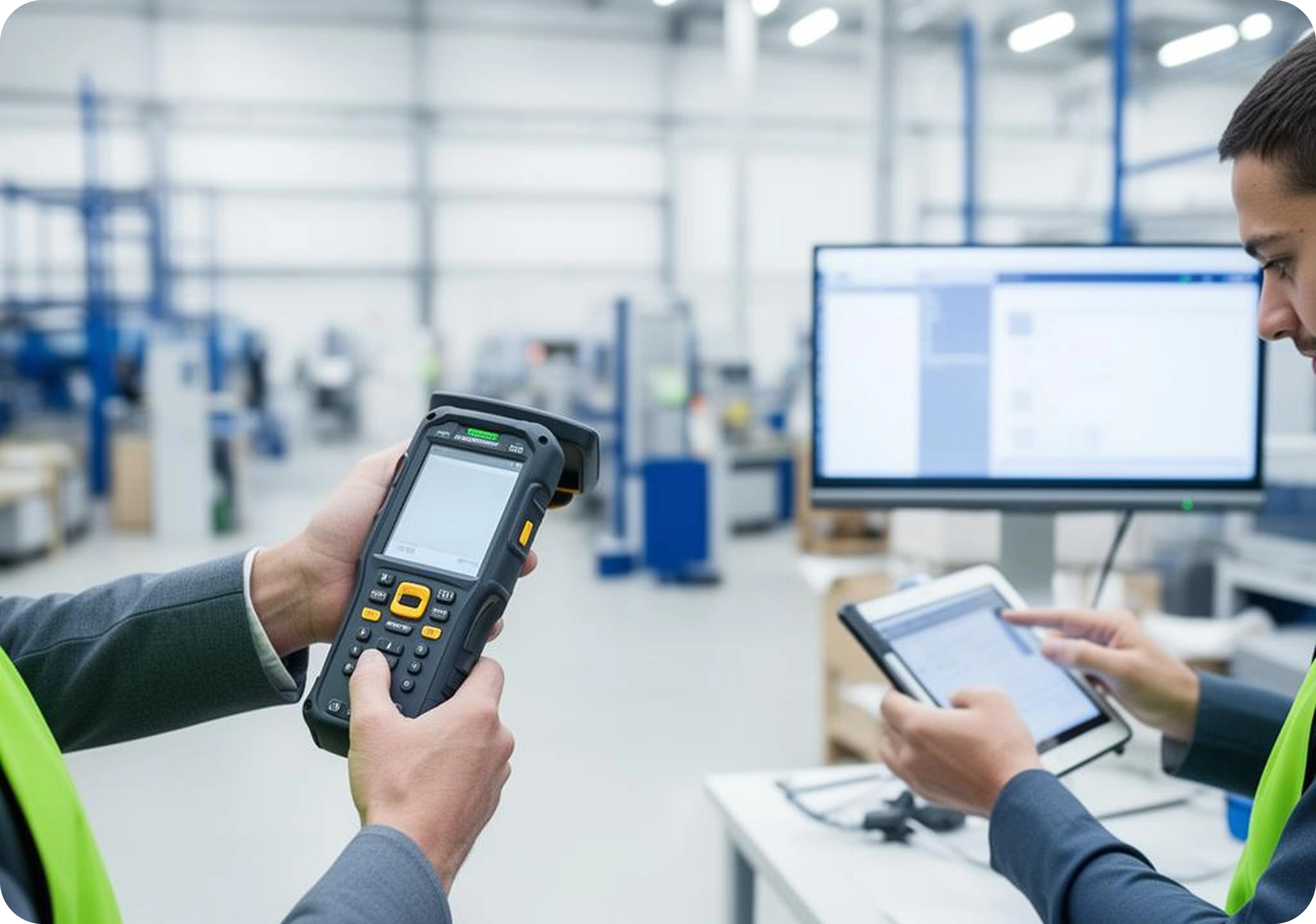 Two people in a well-lit industrial setting use digital devices. One holds a handheld scanner, the other a tablet. A computer screen is visible in the background.