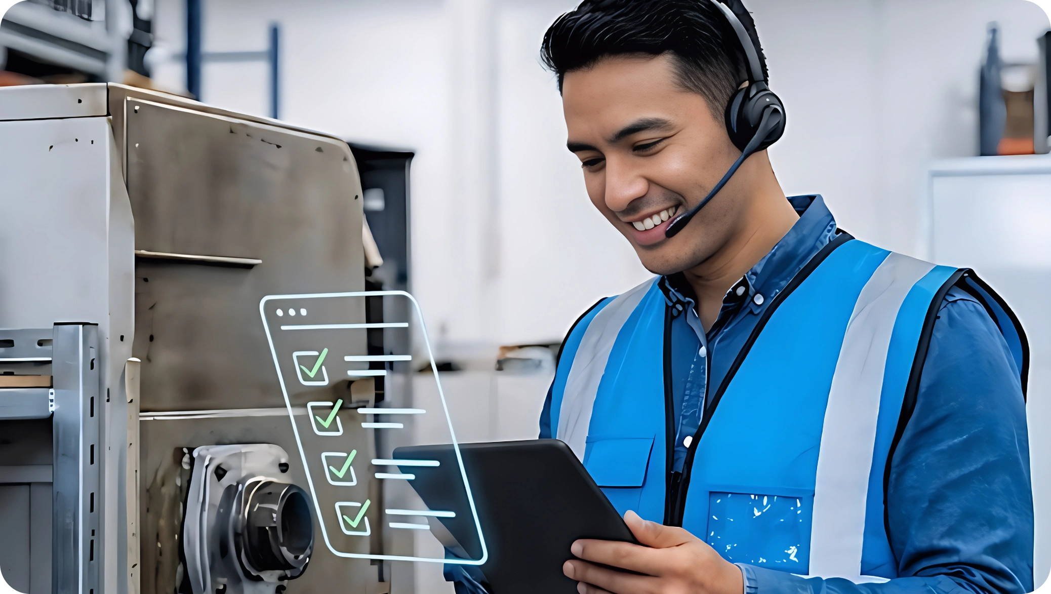 A man in a blue safety vest and headset smiles while using a tablet near industrial machinery. A digital checklist graphic appears in front of him.