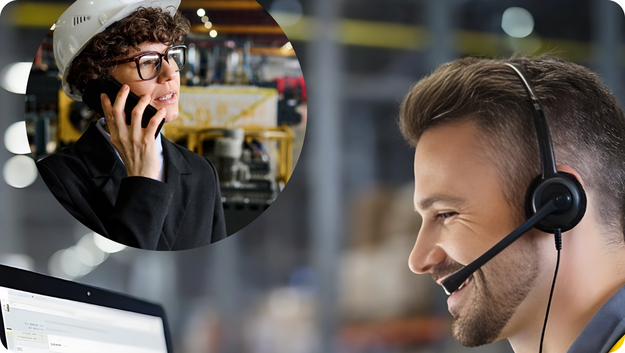 A man wearing a headset smile at a computer screen while engaging in a call. The inset shows another man with glasses and a cap speaking on a phone in an industrial setting.