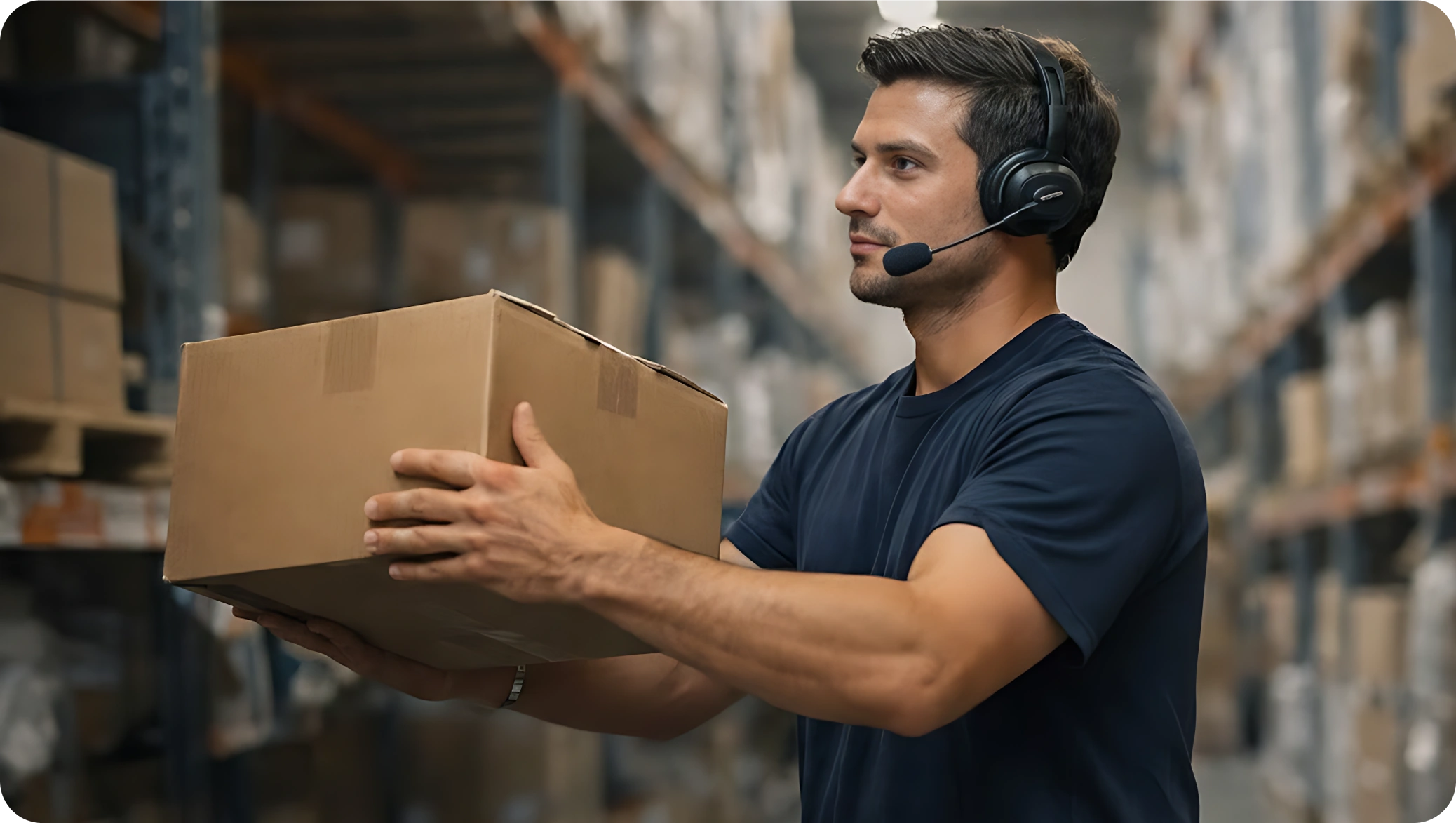A warehouse worker wearing a headset carries a cardboard box between shelves filled with stacked items, focused and efficient in his task.