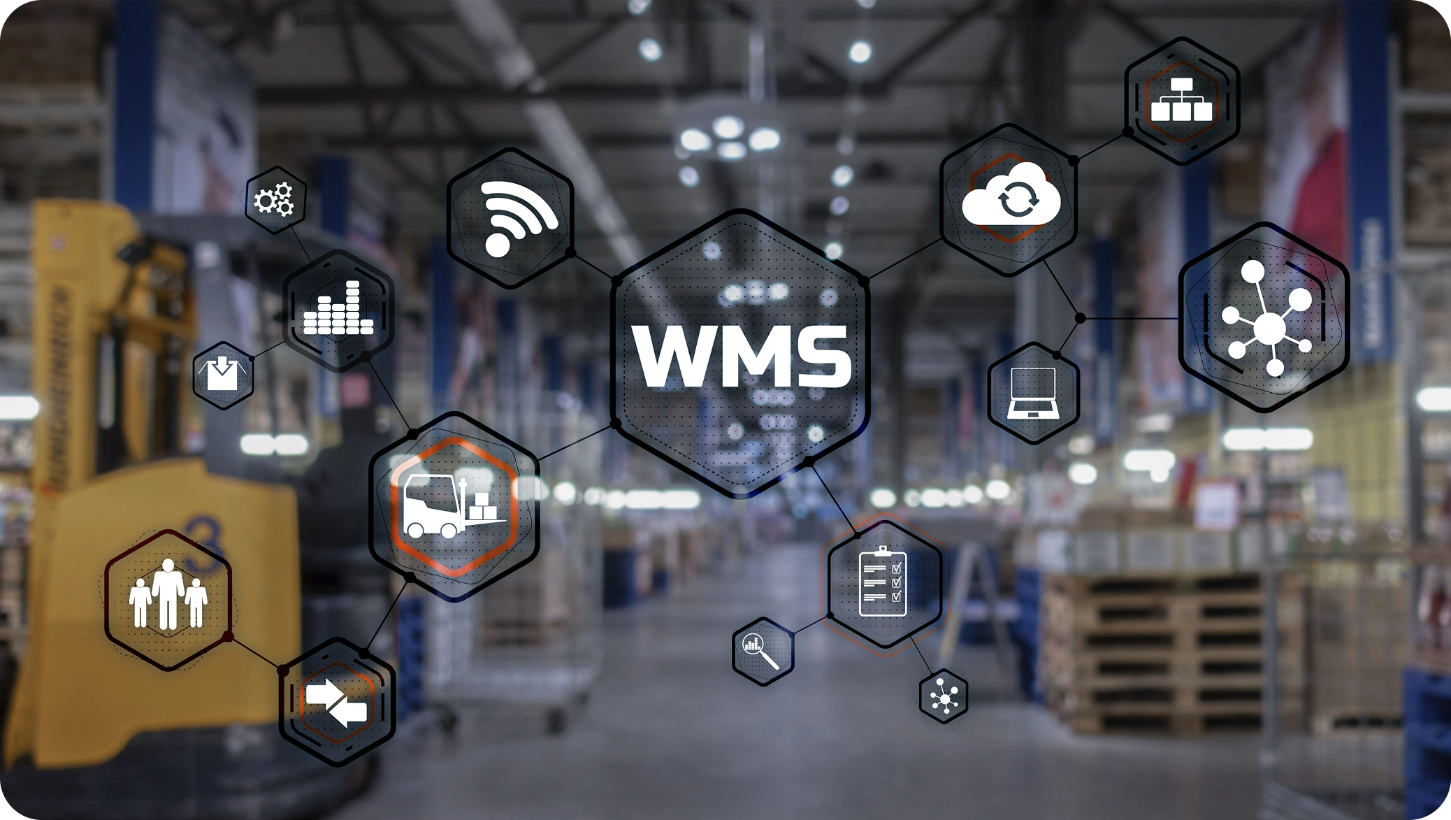 Warehouse background with hexagonal icons overlaying: 'WMS' centre, graphs, Wi-Fi, cloud, forklift, and pallet. Represents warehouse management efficiency.