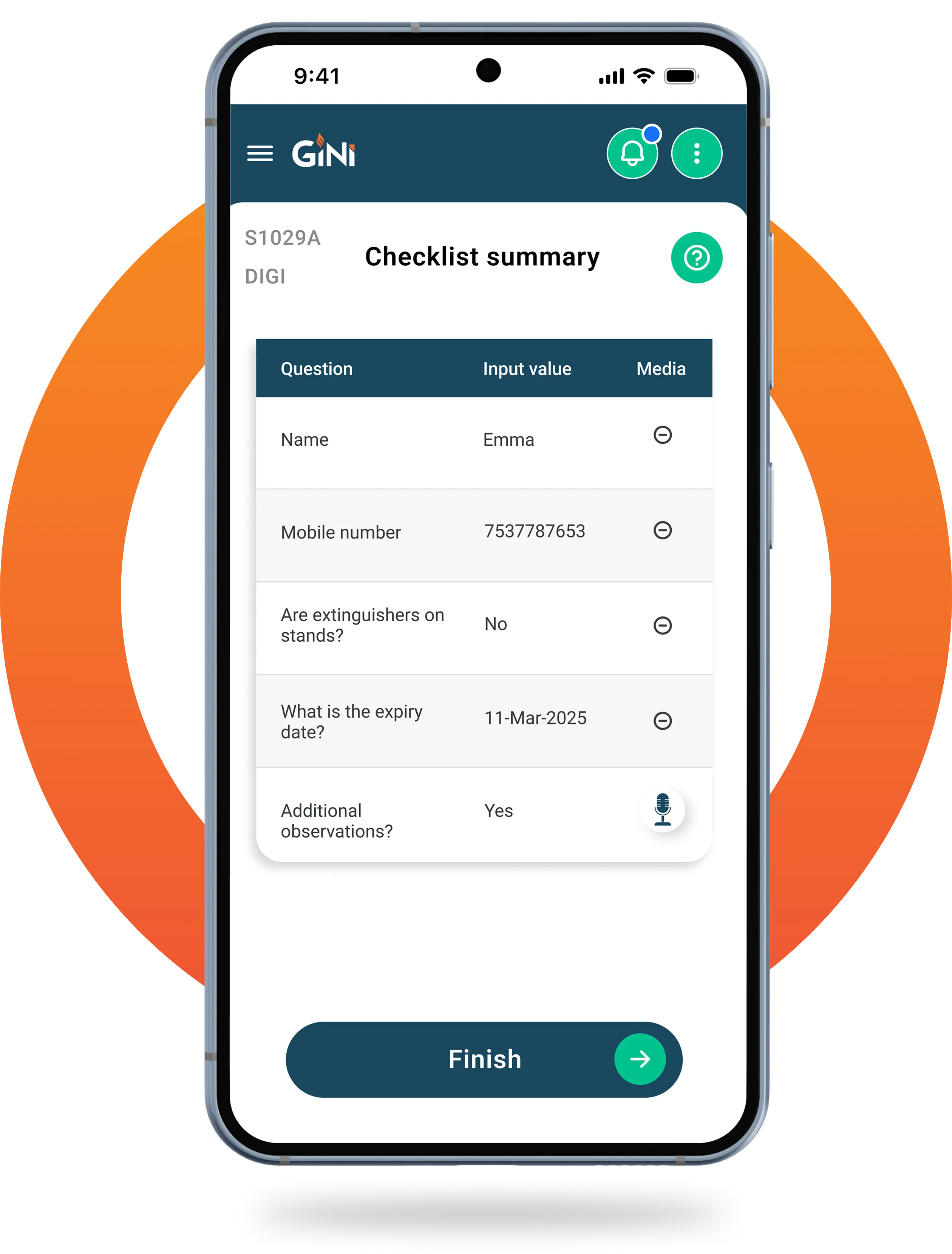 Smartphone screen displaying a checklist summary form of an inspection