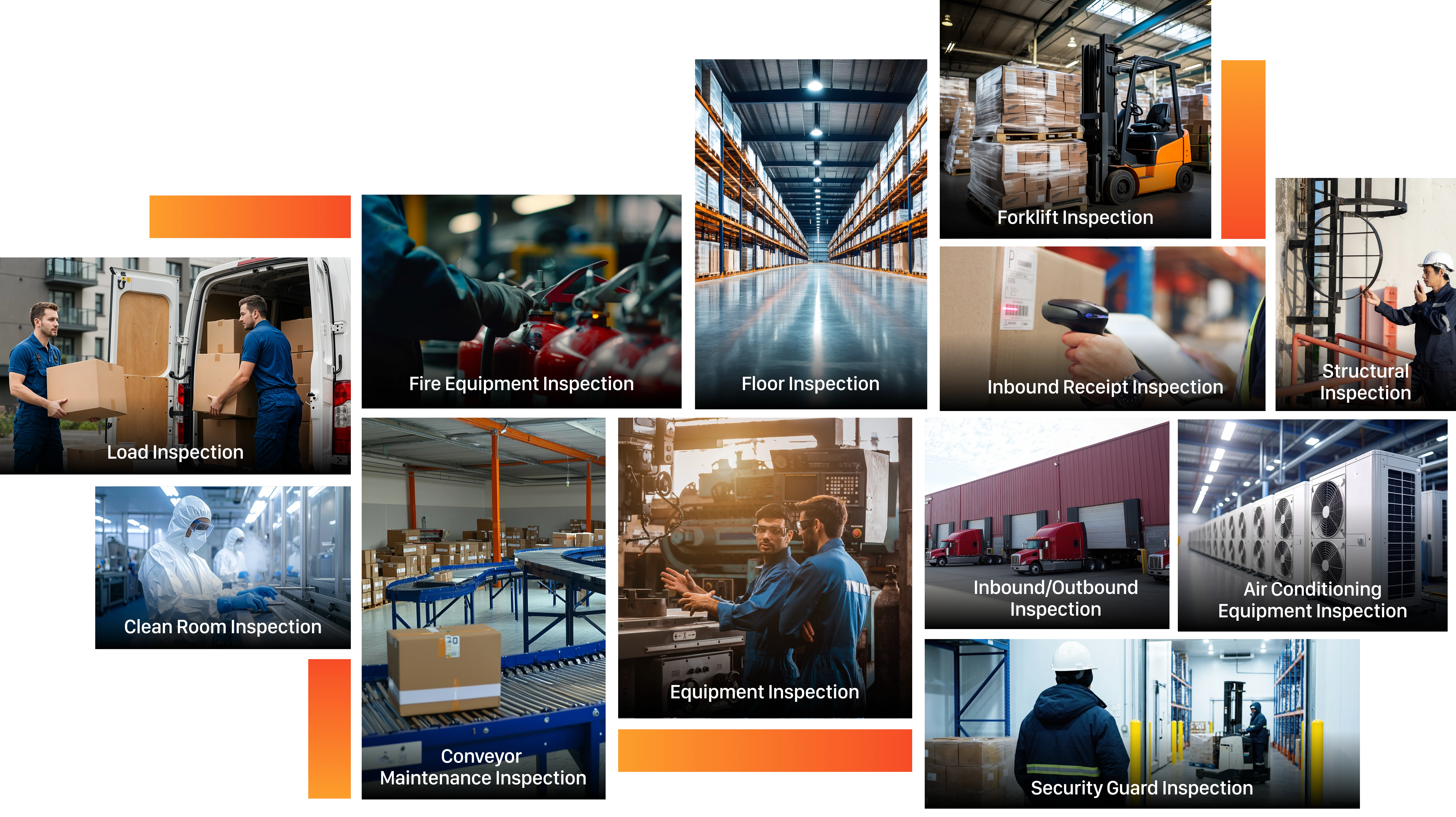 Collage of inspection scenes: package handling, fire equipment, forklifts, warehouse floors, trailers, clean rooms, conveyor belts, HVAC units, and security.