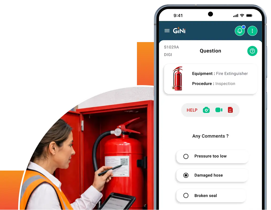 A woman in a safety vest checks a red fire extinguisher inside a cabinet, scanning a QR code with a tablet. She appears focused and attentive.