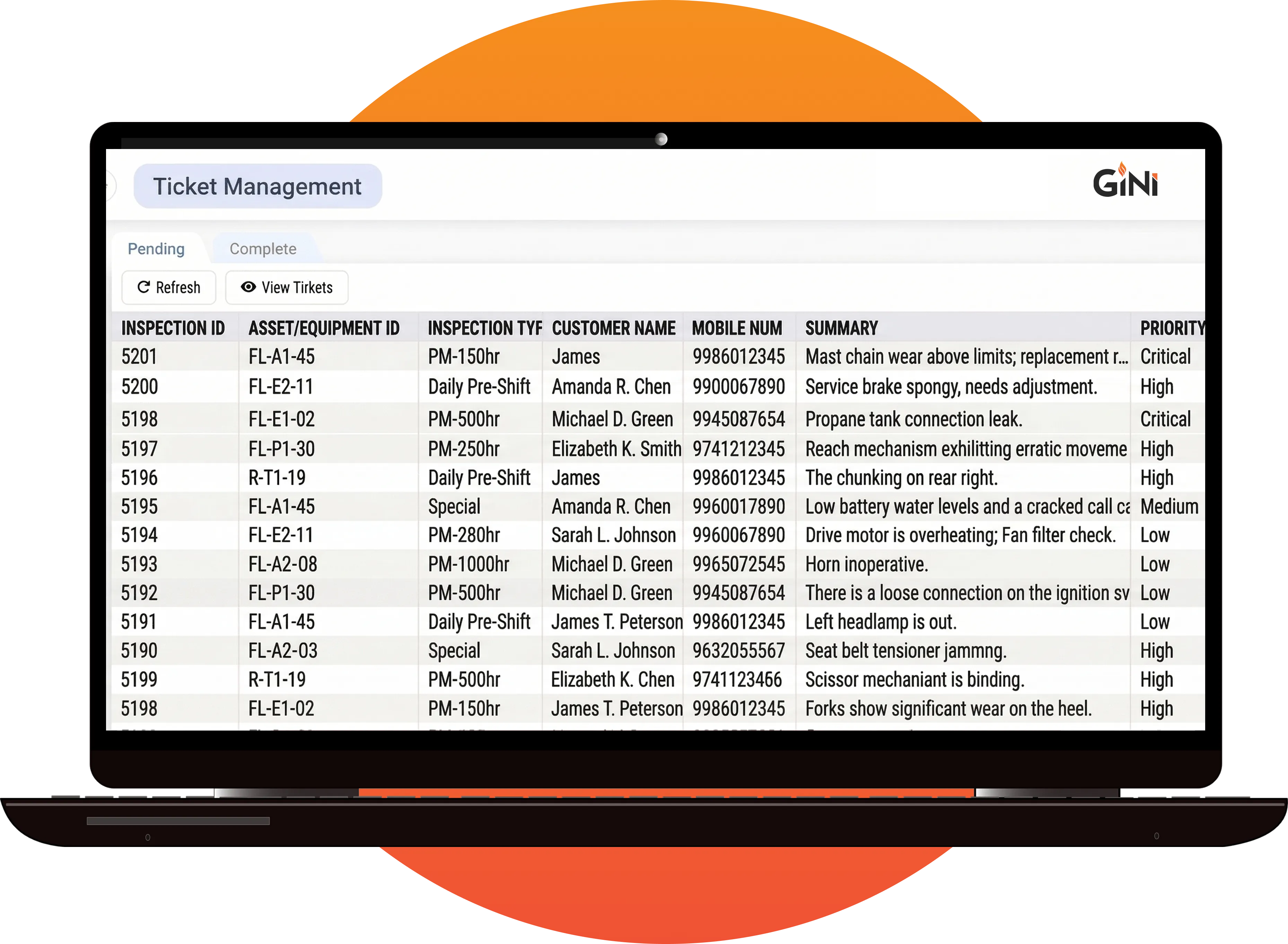 A laptop screen displays a Ticket Management system with a list of inspections.