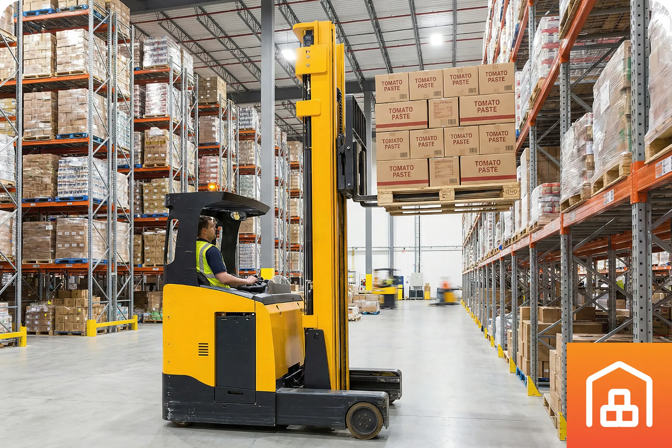 A worker operates a yellow forklift in a large warehouse, lifting boxes labeled tomato paste onto high shelves.