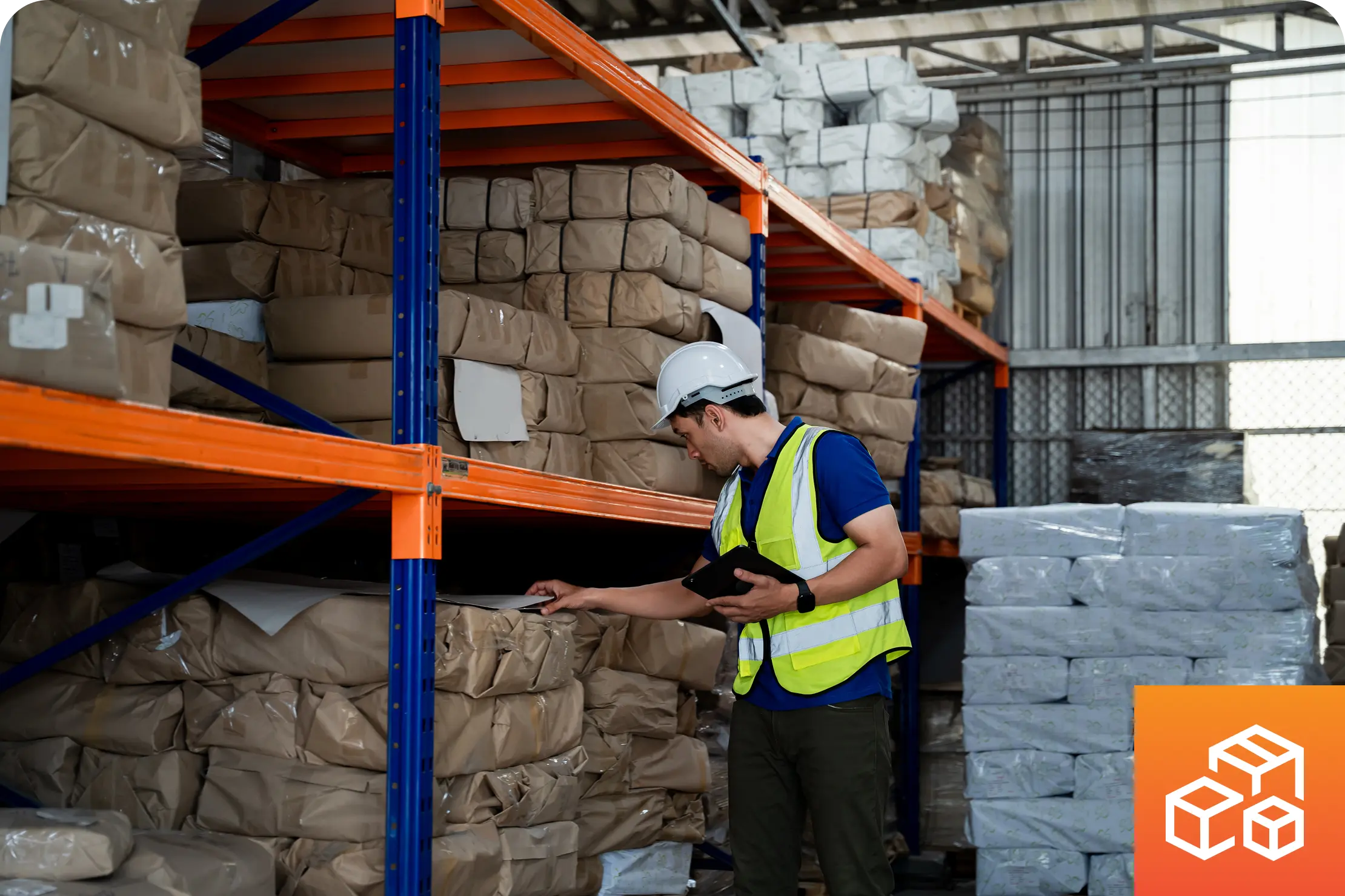 A worker holding a clipboard, in a safety vest and helmet inspects packages on warehouse shelves.