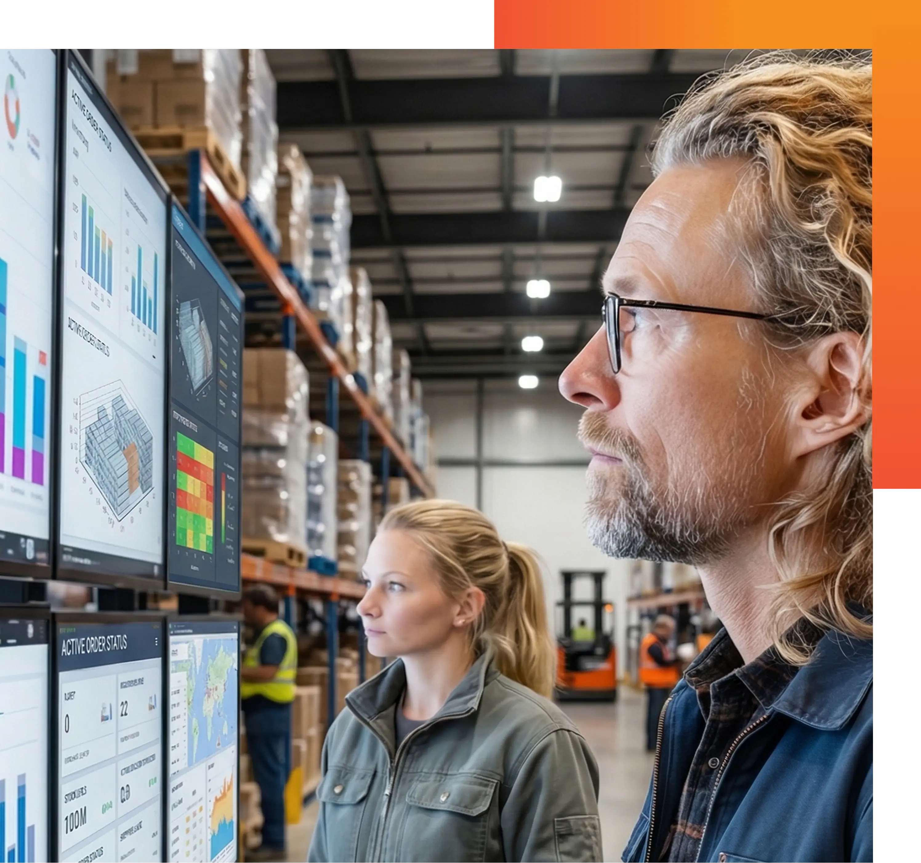 A man and woman in a warehouse observe data on wall-mounted screens showing graphs and maps.
