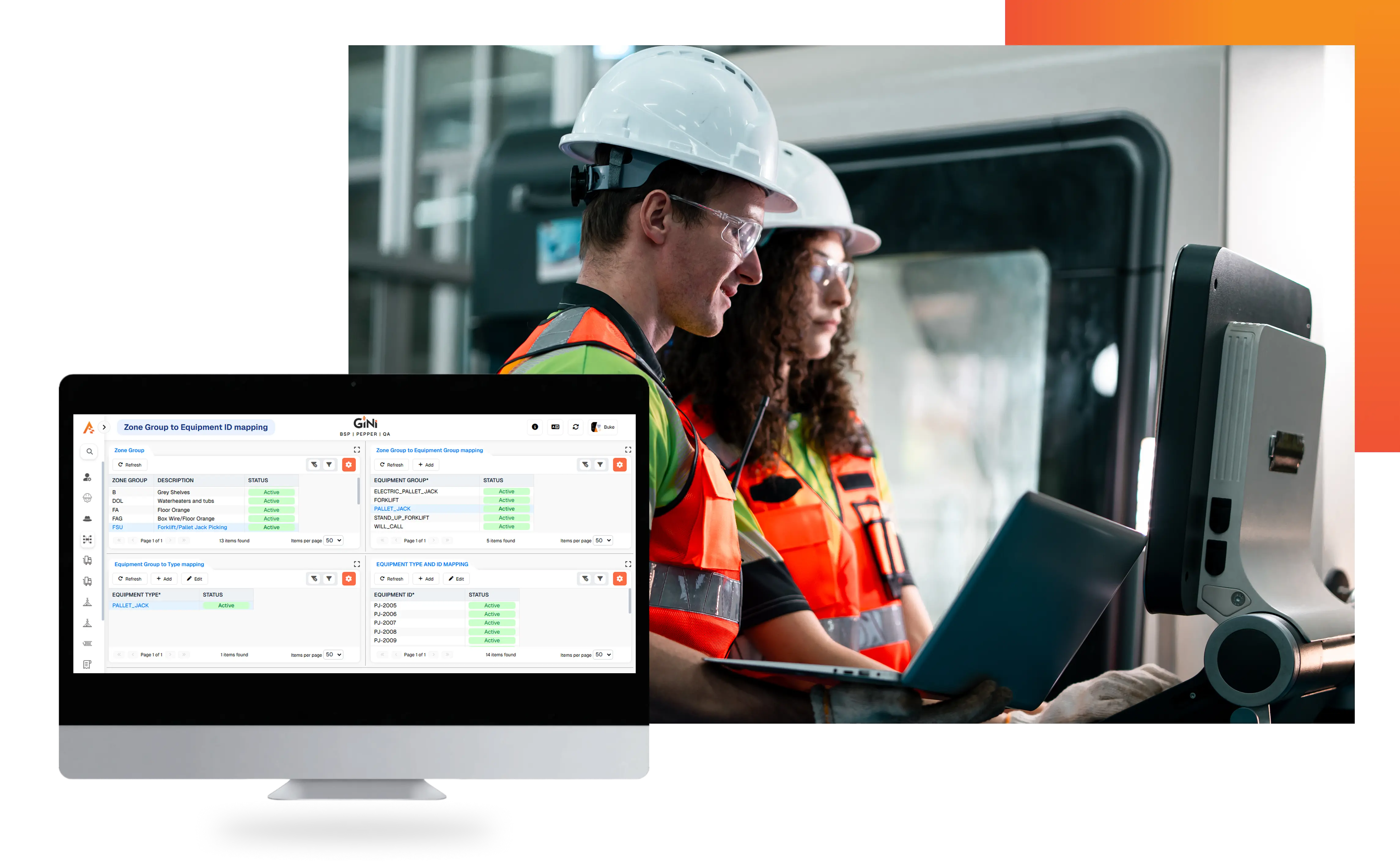 Two construction workers in safety gear and helmets, using a laptop and machinery.