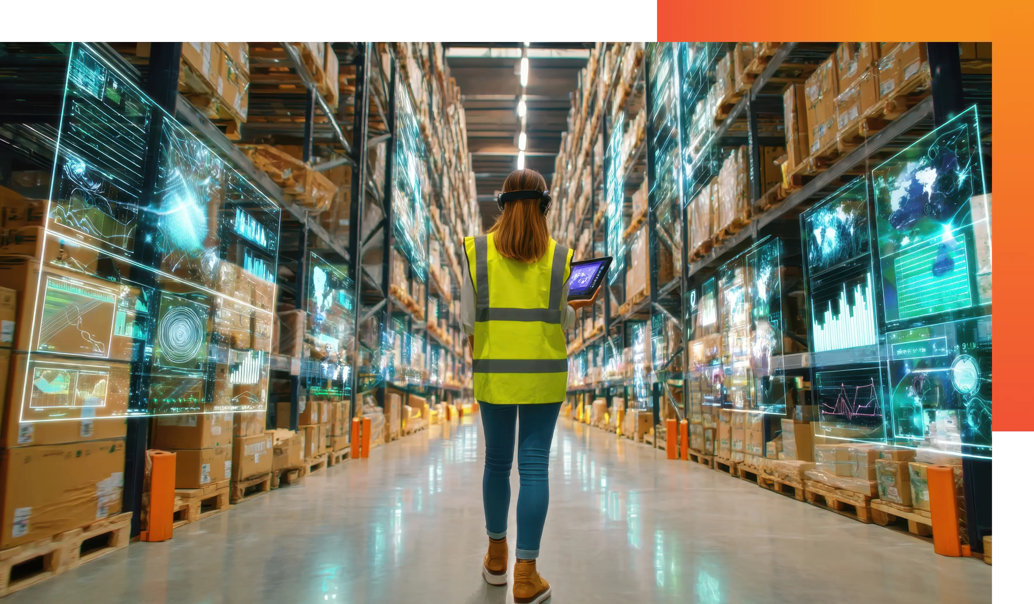 A woman in a high-visibility vest holds a tablet in a high-tech warehouse, surrounded by digital data displays and towering shelves of boxes.