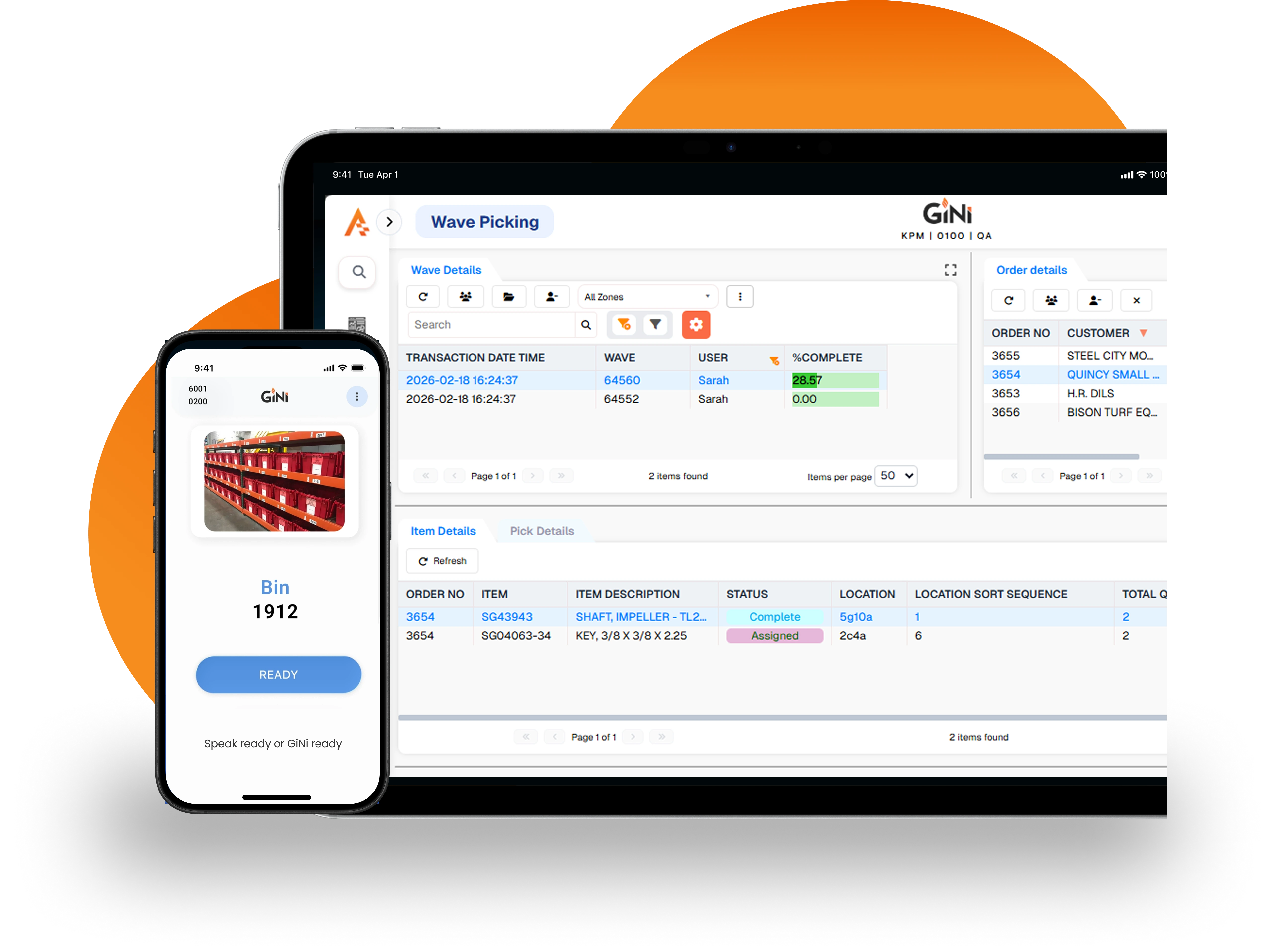 A smartphone and tablet display warehouse management software with inventory details, order status, and wave picking interface.
