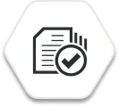 A hexagonal icon with a document and a check mark in a circle on a gray background.