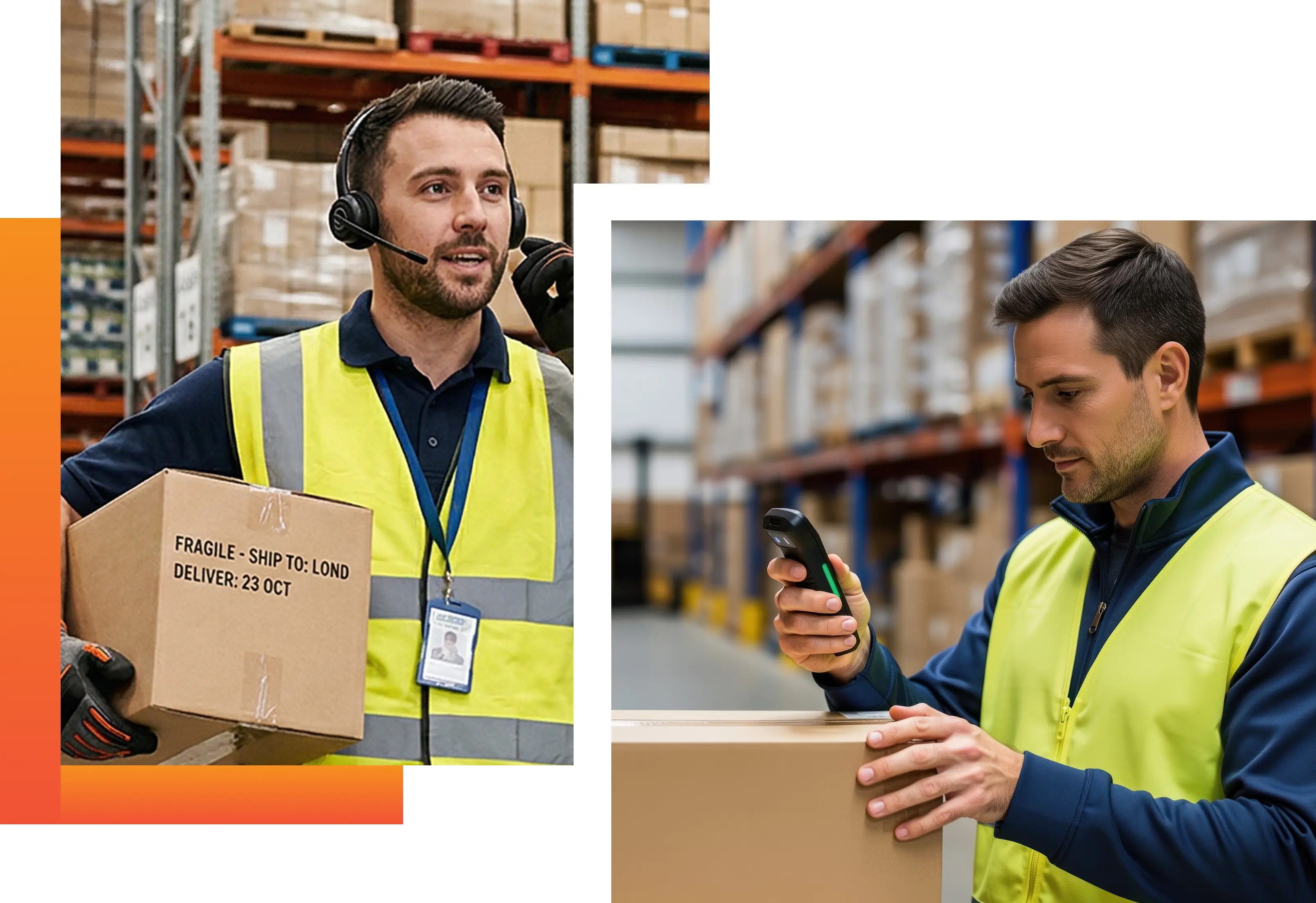 Two warehouse workers in yellow vests. One holds a headset and package, the other scans a box with a handheld device.