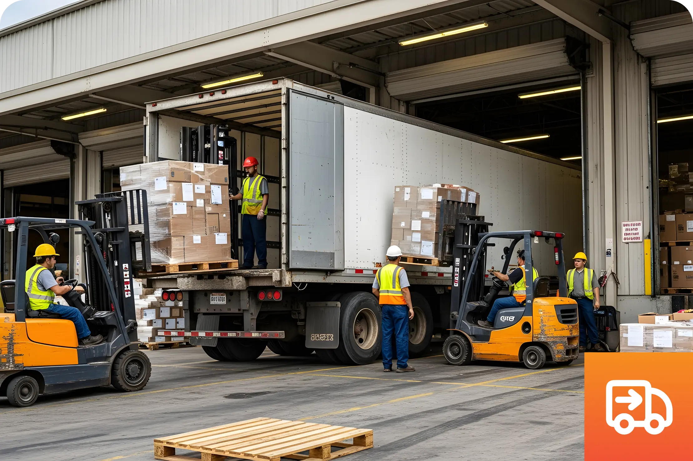 Workers in safety vests and helmets use forklifts to load pallets of boxes onto a truck at a loading dock.