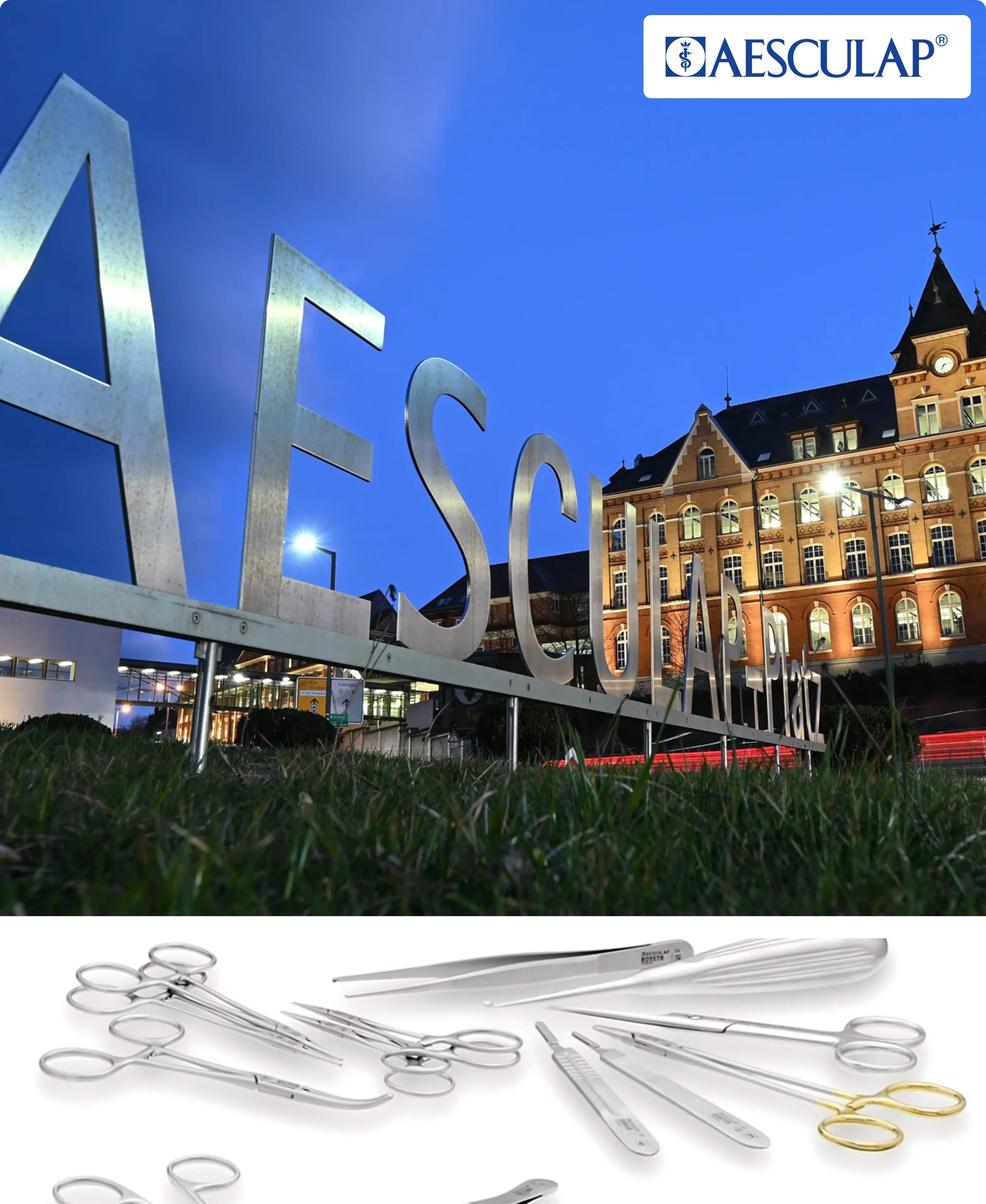 Large silver AESCULAP sign against a twilight sky, with an illuminated historic building in the background. Surgical instruments are displayed below.
