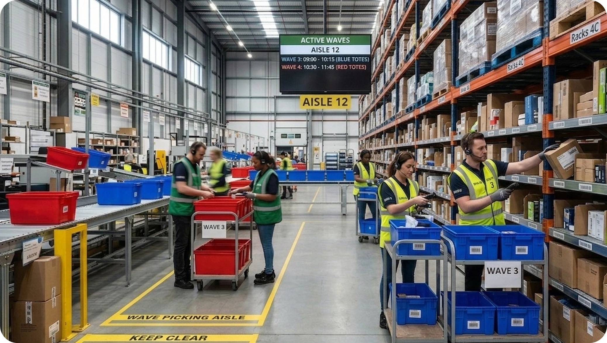 Workers in a warehouse wearing yellow safety vests and headsets sort packages into blue and red bins, with tall shelves filled with boxes lining the aisle.