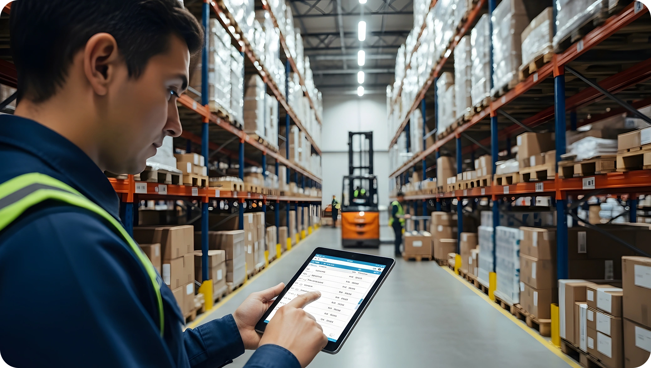 Person in a warehouse control room monitors multiple screens with data charts, overseeing shelves of boxes and inventory below.